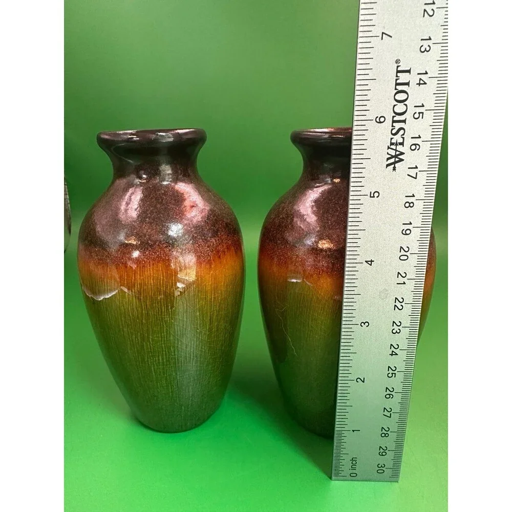 Set of 2 Hosley Ceramic Vases Green Crackle Metallic Drip Glaze Boho Decor
